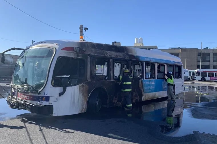 The Proterra Catalyst bus that caught fire Wednesday morning at SEPTA's Southern Depot.