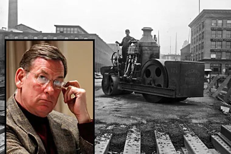 This photo taken near the Baldwin Locomotive Works is a still from (left) Sam Katz's film.