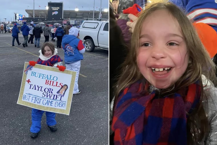 Eight-year-old Ella Piazza with the sign she showed Taylor Swift at Bills vs. Chiefs on Jan. 21 (left) and immediately after Jason Kelce took her to meet Swift (right).