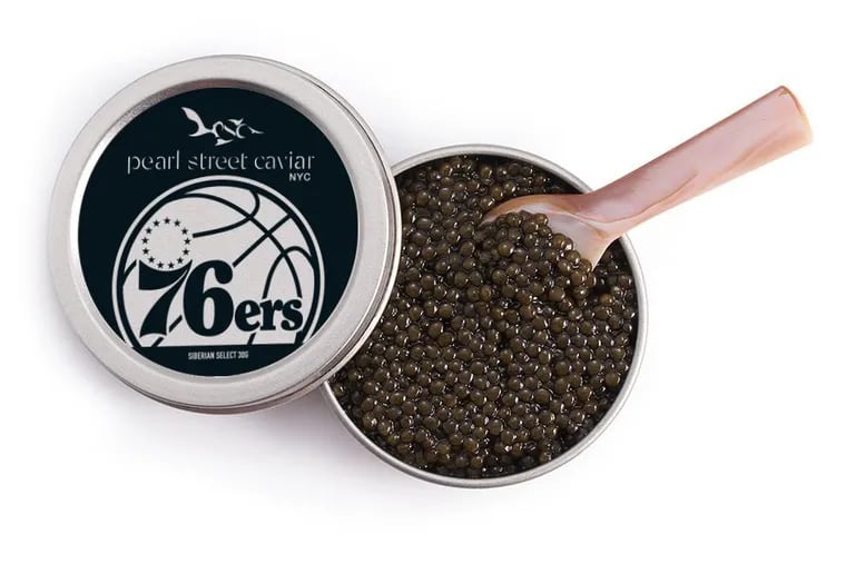 76ers-branded tins of caviar from the Pearl Street Caviar company.