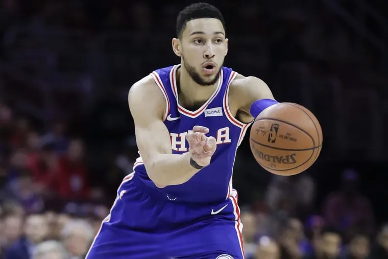Sixers guard Ben Simmons passes the basketball against the New York Knicks on Monday, February 12, 2018 in Philadelphia.