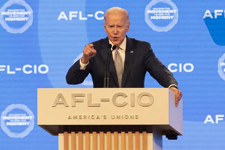 President Joe Biden speaks during a labor convention in Philadelphia.