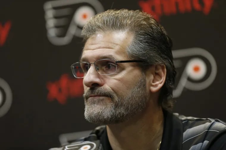 Flyers GM Ron Hextall speaks during a news conference at Flyers Skate Zone, Voorhees, NJ on April 13, 2017.
