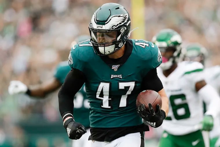 Nate Gerry runs back an interception for a touchdown in a game against the Jets last October. With Nigel Bradham gone, Gerry finds himself as the big dog at linebacker for the Eagles.