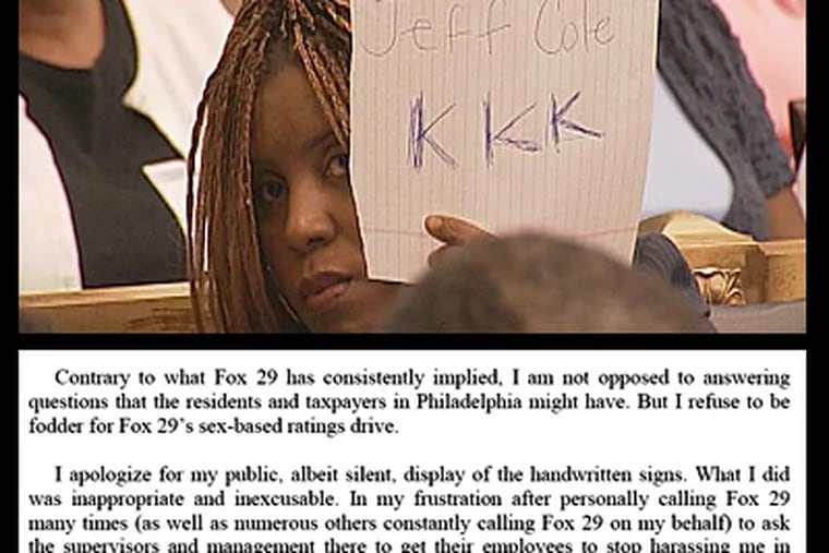 Latrice Bryant holds up the sign at at City Council meeting. At bottom, a portion of Bryant's apology to City Councilman Wilson Goode Jr. (Photo courtesy of Fox29)