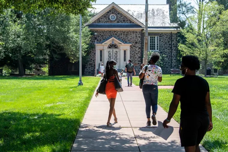 Students walk around campus at Cheyney University in August 2020