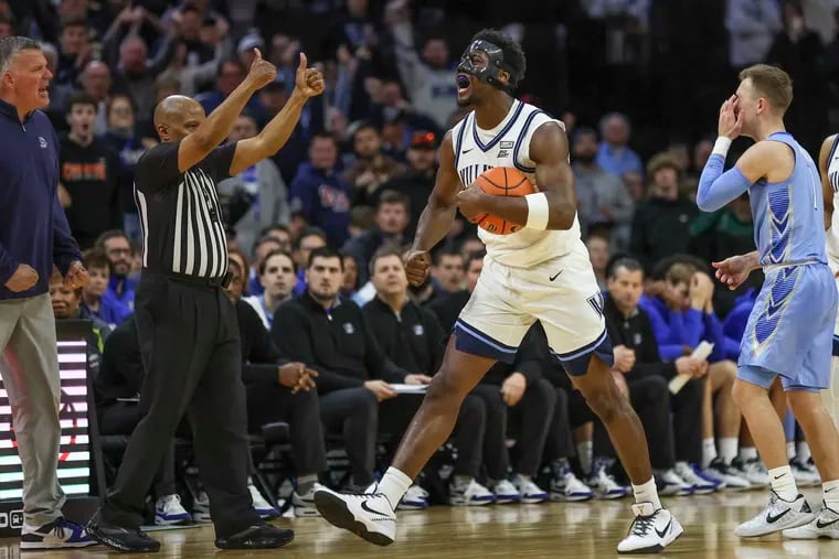 Villanova guard TJ Bamba during a game against Creighton on March 9 at the Wells Fargo Center. Bamba played through a facial fracture that forced him to wear a mask during the final six games of the season.