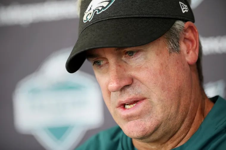 Head coach Doug Pederson talks to reporters after Eagles training camp at the NovaCare Complex in South Philadelphia on Saturday, Aug. 10, 2019.