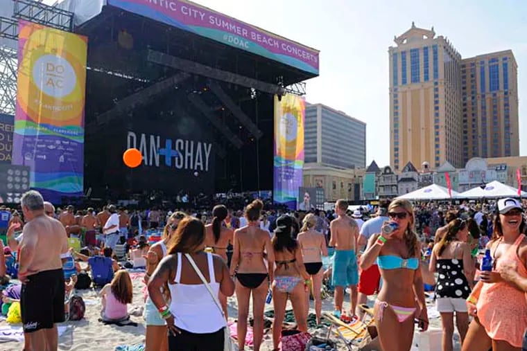 Opening act Dan + Shay (Dan Smyers and Shay Mooney) perform before Blake Shelton concert July 31, 2014 as Atlantic City holds its first MEGA free beach concert since the Beach Boys in 1983. ( TOM GRALISH / Staff Photographer )