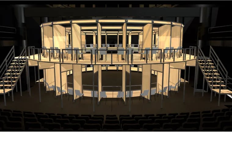 Rendering of the proposed Wilma Globe arena, which would separate theatergoers into individual stalls that face the stage. Space could be configured for as many as 100 patrons or as few as 35.