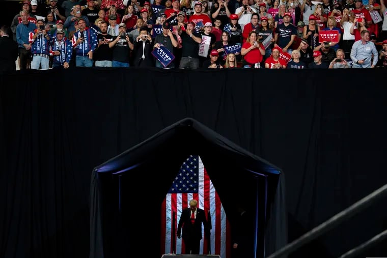 President Donald Trump arrives to speak at a campaign rally at Veterans Memorial Coliseum, Wednesday, Feb. 19, 2020, in Phoenix.