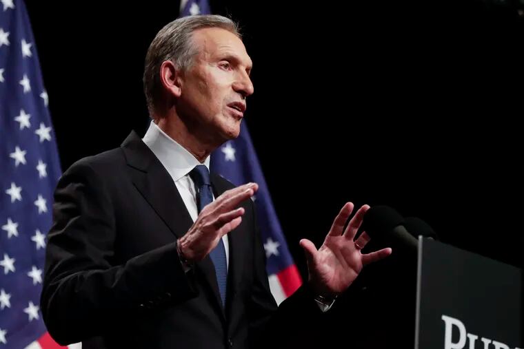 FILE - In this Feb. 7, 2019 file photo, former Starbucks CEO Howard Schultz speaks at Purdue University in West Lafayette, Ind. (AP Photo/Michael Conroy, File)