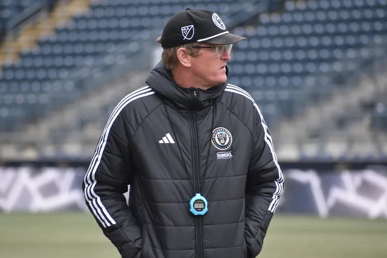 Union manager Jim Curtin watches his team during Friday's practice at Subaru Park.