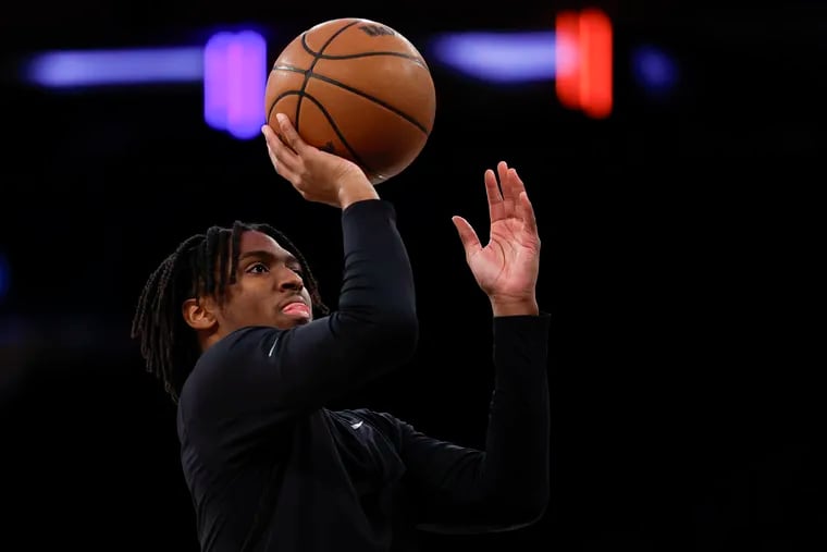 Sixers guard Tyrese Maxey warms up shooting the basketball before the Sixers play the New York Knicks in Game 2 of the first round NBA Eastern Conference playoffs at Madison Square Garden in New York on Monday, April 22, 2024.
