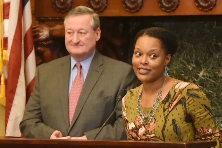 Yolanda Wisher speaks at City Hall after Mayor Kenney introduced the Germantown poet, teacher, and
community activist as Philadelphia’s third poet laureate on Friday