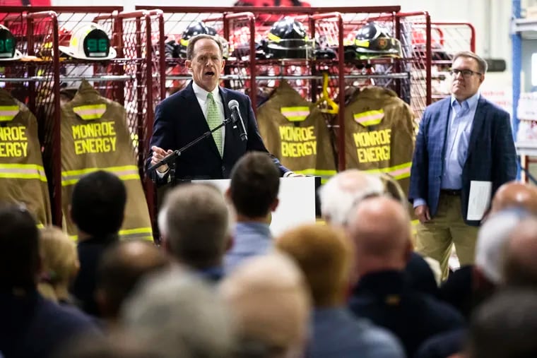 At the Monroe Energy refinery in Trainer, U.S. Sen. Pat Toomey (R., Pa., left)) and EPA Administrator Andrew Wheeler spoke with employees and industry leaders.