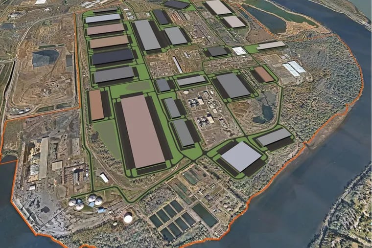 Photo illustration showing plans by NorthPoint Development for the Keystone Industrial Port Complex in Falls Township, Bucks County, that used to be the site of the U.S. Steel Fairless Works plant along the Delaware River. (Credit: NorthPoint Development)