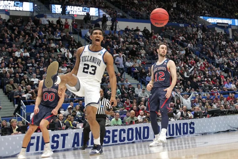 Jermaine Samuels of Villanova celebrates after a breakaway dunk against St. Mary’s during the 2nd half action in a first round NCAA Tournament game at the XL Center in Hartford, CT on March 21, 2019.