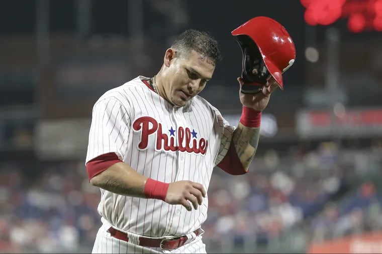 Wilson Ramos walks off the field after being tagged out at third base in the sixth inning.