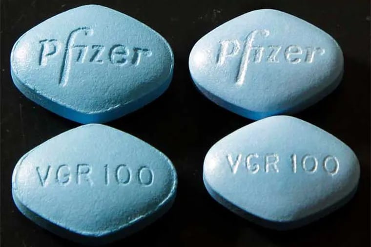Pfizer hopes selling real Viagra (right) online will thwart Internet-based sales of bogus versions (left).