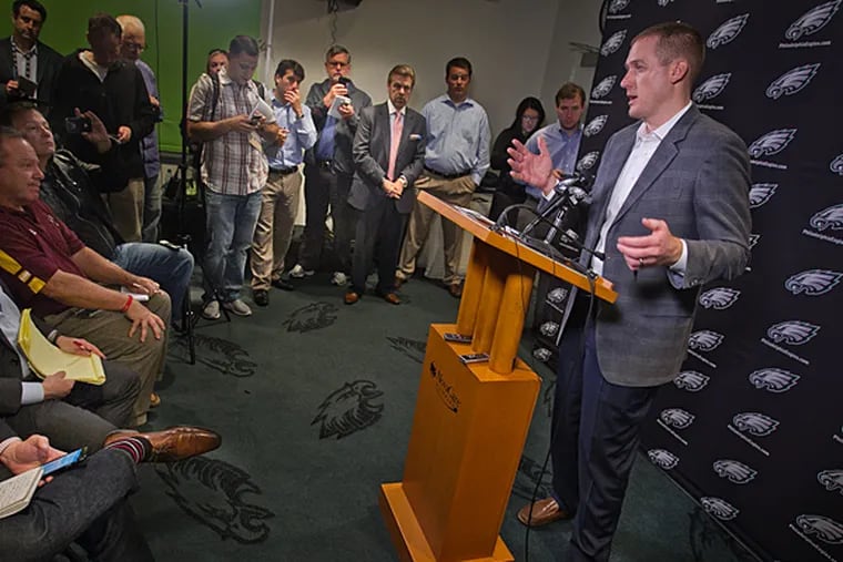 Philadelphia Eagle General Manager Ed Marynowitz meets with media at NovaCare practice facility on Pattison Ave in south Philadelphia on Thursday morning April 23, 2015. He discussed the upcoming draft. (Alejandro A. Alvarez /Staff Photographer)