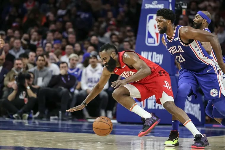 Sixers star Joel Embiid (right) fouls Rockets star James Harden in 2019. Should they be teammates?