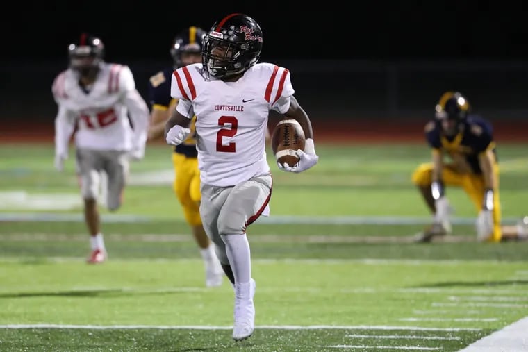 Dapree Bryant of Coatesville, here returning a kickoff earlier this season against Unionville, is on the brink of setting the Philadelphia-area record for career receiving yards.