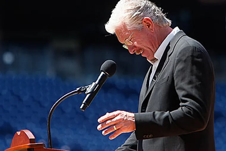Former Phillies great Mike Schmidt smiles as he tells a story about Harry Kalas today at Citizens Bank Park. ( Michael S. Wirtz / Staff Photographer )