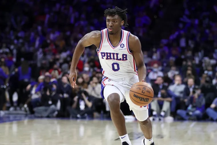 Sixers guard Tyrese Maxey dribbles the basketball against the Utah Jazz on Thursday, December 9, 2021 in Philadelphia.