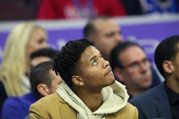 The Sixers' Markelle Fultz sits on the bench during a game against the Cleveland Cavaliers at the Wells Fargo Center in South Philadelphia on Friday, Nov. 23, 2018. The Sixers lost 121-112. TIM TAI / Staff Photographer