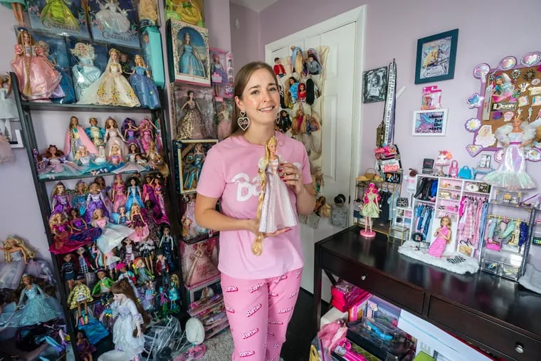 Ilana Volain with her extensive Barbie collection, at her home in Philadelphia on July 18, 2023.