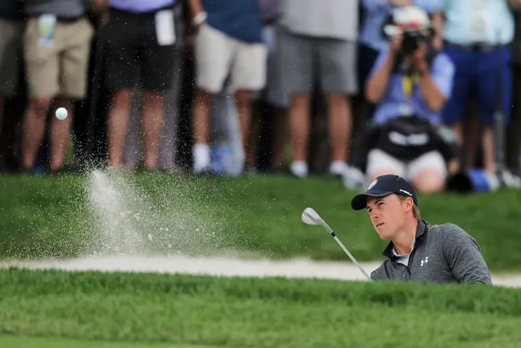 Jordan Spieth hits out of a bunker on the ninth hole during the second round of the PGA Championship golf tournament, Friday, May 17, 2019, at Bethpage Black in Farmingdale, N.Y. (AP Photo/Charles Krupa)