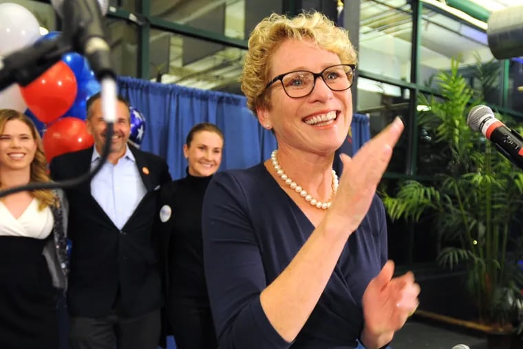 Democrat Chrissy Houlahan celebrates her victory in the Pa. Sixth Congressional District on Tuesday in Phoenixville.
