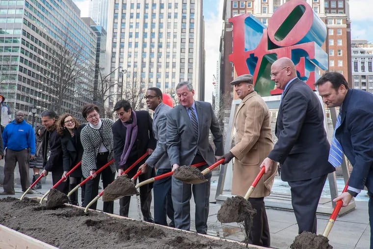 Philadelphia Mayor Jim Kenney, surrounded by dignitaries, held a press conference and groundbreaking Wednesday morning at Love Park to announce the beginning of construction for its redesign, which includes the Fairmount Park visitors center.