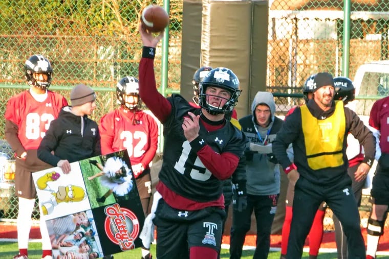 Temple quarterback Anthony Russo throws a pass during the first day of spring practice.