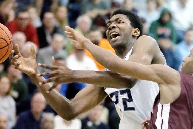St. Augustine's Justyn Mutts is fouled by Don Bosco's Chris Paul (1) during the Non-Public A state title game at Toms River North H.S. on March 12, 2016.  St. Augustine won, 83-50.