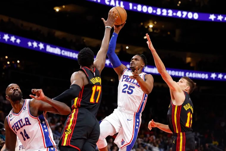 Sixers' Danuel House Jr. drives to the basket during the first half against the Atlanta Hawks at State Farm Arena on April 7 in Atlanta, Georgia.