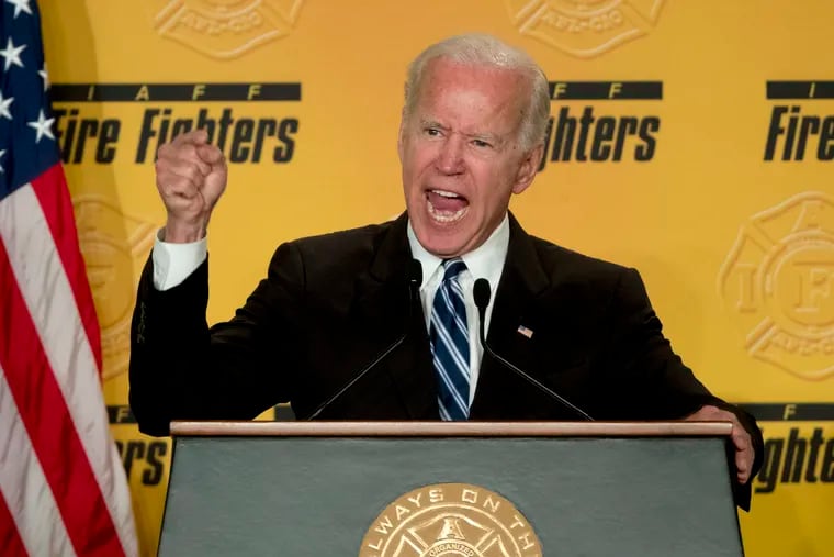 Former Vice President Joe Biden speaks to the International Association of Firefighters at the Hyatt Regency on Capitol Hill in Washington, Tuesday, March 12, 2019, amid growing expectations he'll soon announce he's running for president.