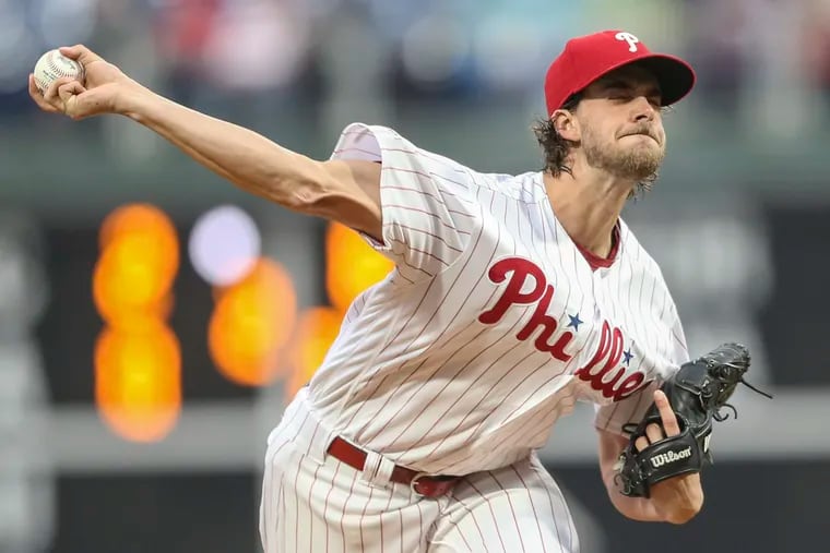 Phillies' pitcher Aaron Nola throws against the Tigers  during the 1st inning at Citizens Bank Park in Philadelphia, Wednesday, May 1, 2019