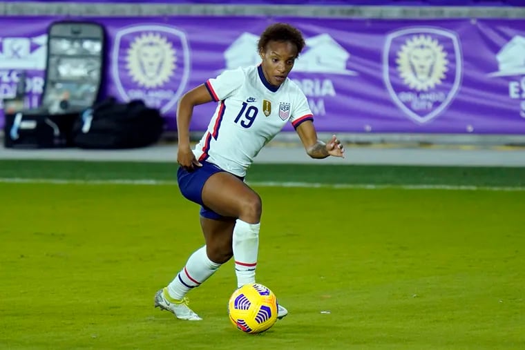 Crystal Dunn on the ball during a U.S. women's soccer team game against Colombia last month.