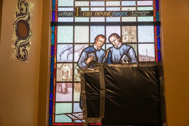 Three stained glass windows were damaged at the National Shrine of St. John Neumann earlier this week. An arrest has been made. The interior of a damaged  window is shown on Feb. 23, 2024.  The National Shrine of St. John Neumann is a Roman Catholic National shrine dedicated to St. John Neumann, the fourth Bishop of Philadelphia and the first American male to be canonized.