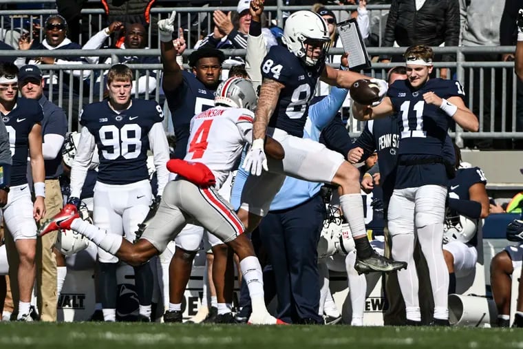 Penn State tight end Theo Johnson (84) had a breakout game against UMass, and the No. 7 Nittany Lions are looking for much of the same in a massive game against No. 3 Ohio State on Saturday.