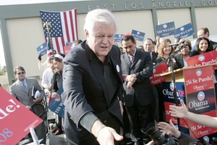 Sen. Edward M. Kennedy stumps for Barack Obama in California. The campaign has made big use of the Kennedy connection.