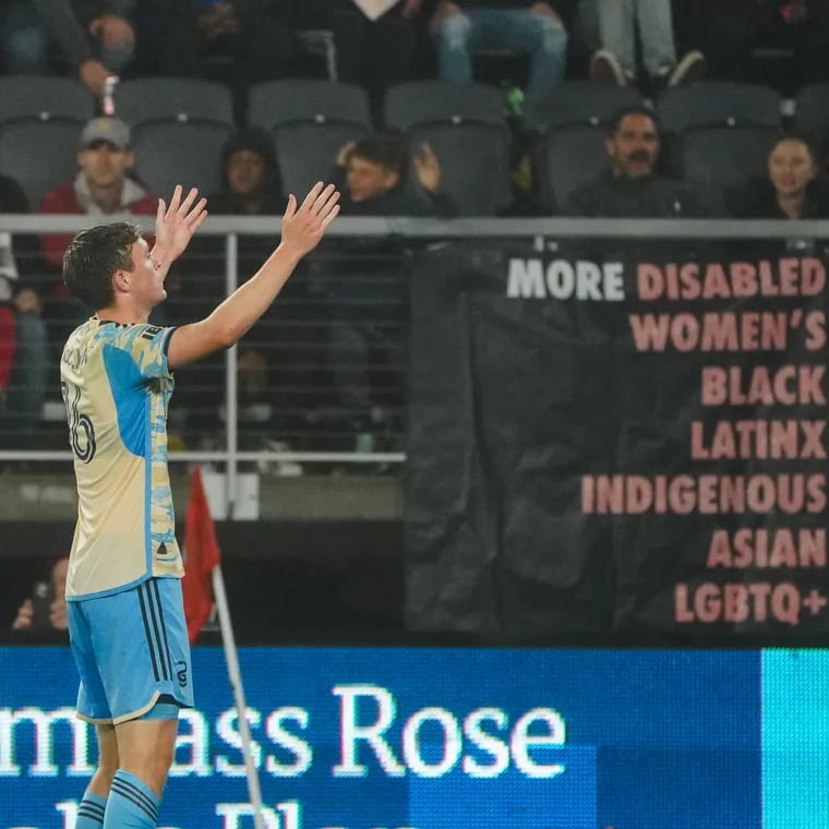 Jack McGlynn celebrates his stunning goal that saved the Union's 2-2 tie at D.C. United on Saturday.