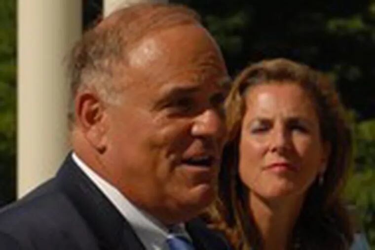 Gov. Rendell delivers an address on his energy strategy. Department of Environmental Protection Secretary Kathleen McGinty is in the background.