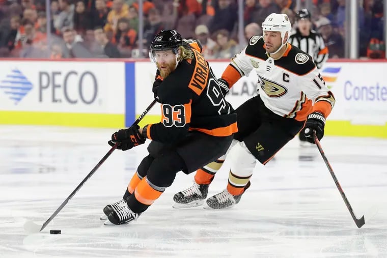 Flyers right winger Jake Voracek, skating past Anaheim's Ryan Getzlaf on Saturday, is part of a line that has a combined 30 points and a plus-23 rating in the last nine games.