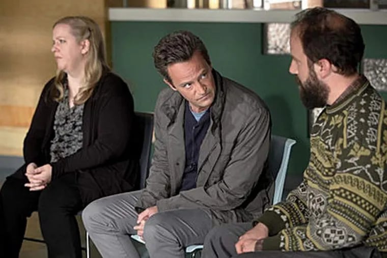 Matthew Perry (center) does group therapy with Sarah Baker (left) and Brett Gelman in "Go On."