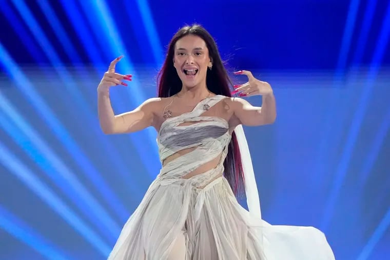 Eden Golan of Israel arrives on stage for the introducing of the artists during the dress rehearsal for the final at the Eurovision Song Contest in Malmo, Sweden.