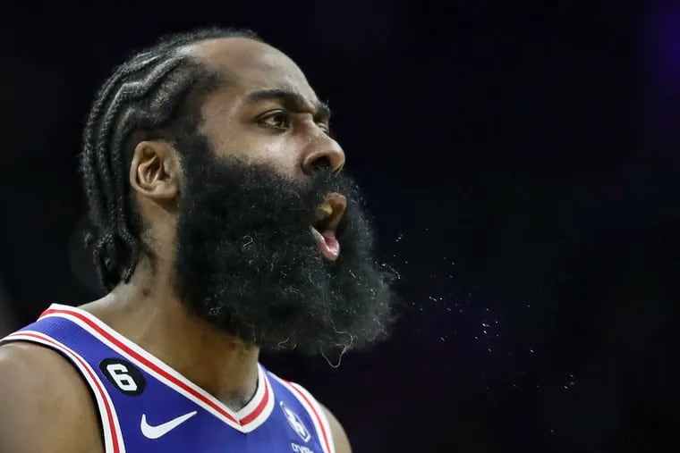Philadelphia 76ers guard James Harden yells towards the official after not getting a foul after his made three-point basket in the fourth quarter of a game against the Orlando Magic at the Wells Fargo Center in Philadelphia on Wednesday, Feb. 1, 2023.