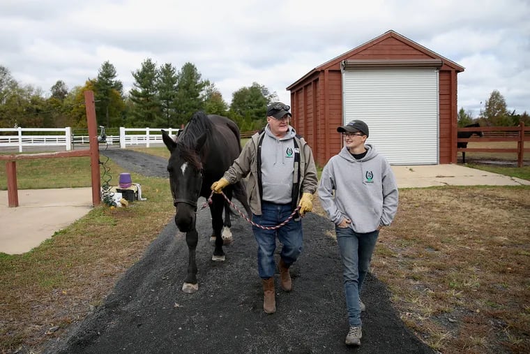 Dale Pitcher of Philadelphia, who served in Vietnam with the Marines, leads Ruby the horse back to the barn with instructor Alexis Daly, right, at Shamrock Reins in Pipersville, Bucks County.